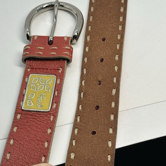 Fossil Women's Size Medium Orange Genuine Leather Thick Stitch Adjustable Belt - Picture 7 of 11